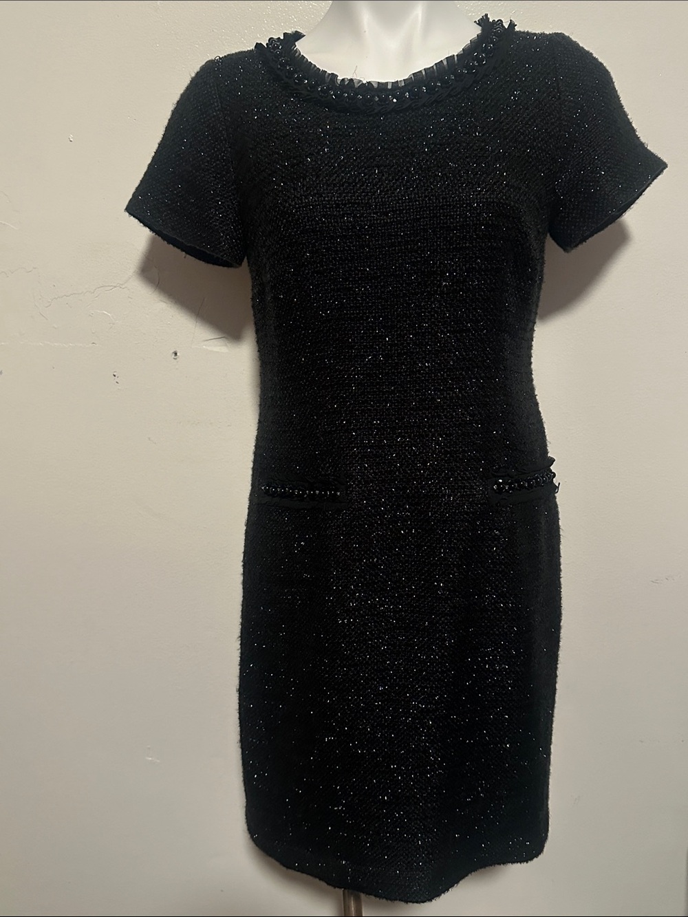 Talbots Black Short-Sleeve Sparkle Tweed Dress